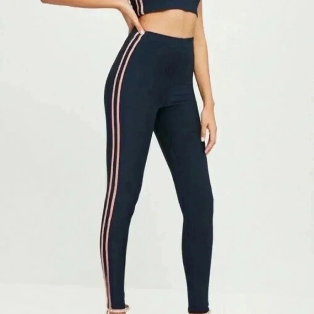 Carli Bybel x Missguided Navy with Pink Stripe Slinky Leggings Size US 6